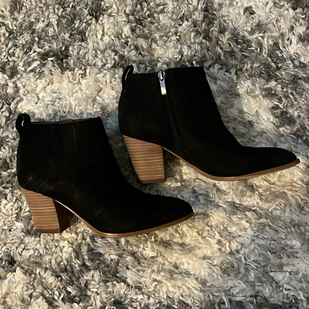 Franco Sarto Black Ankle Boots with Brown Heel
